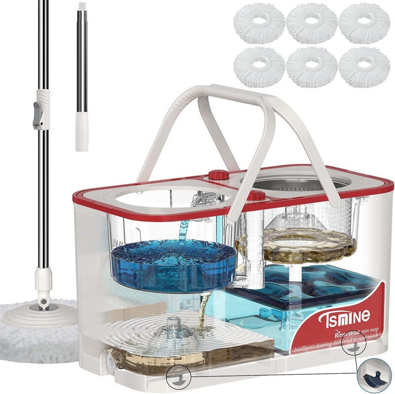 RinseWise Store Gen 1 Large-Capacity Spin Mop and Bucket – for Big Homes & Deep Cleaning Days,4-Chamber System Separates Dirty & Clean Water, 2-GAL Heavy-Duty Design with Wheels & 6 Refill Mop Heads - White/Red - Image 1